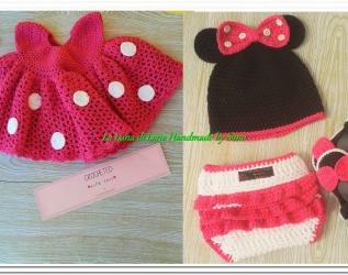 Abitino Minnie a uncinetto per neonata, con cappello, scarpine e copri pannolino    Completino stile Minnie per bimba   