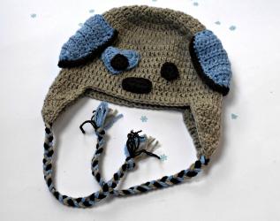 Cappello in pura  lana merino con paraorecchie , berretto per bimbo  a uncinetto a forma di cagnolino
