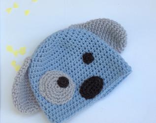Cappello in lana merino a forma di cagnolino con orecchie occhi e naso, berretto per neonato , cappellino baby di colore azzurro, regalo per nascita
