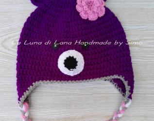 Cappello per bambina a forma di orsetto viola, in lana baby ideale per l'inverno.