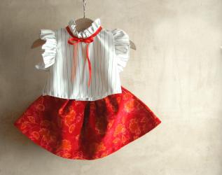 Abito di Natale: Camicetta bianca e  gonna in velluto rosso e fascia capelli per neonata e bambina, taglie da 6 mesi a 2 anni