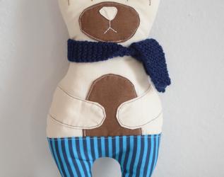 Pupazzo Orso di stoffa a righe blu con accessori in lana Linea Prima Amici