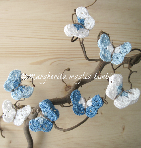 Elastico fermacapelli/accessori capelli , farfalla , azzurro/blu/bianco , fatto a uncinetto , cotone