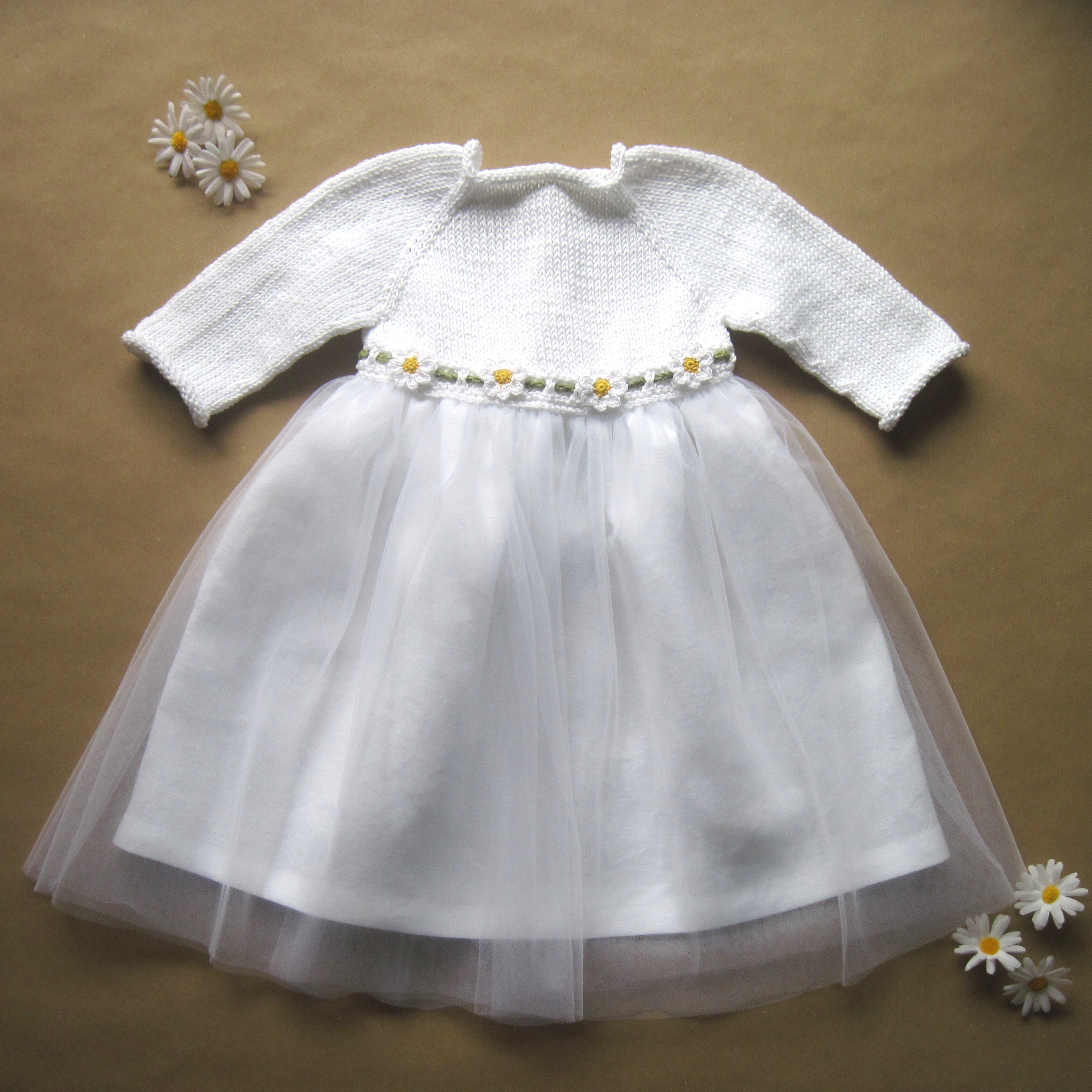 Abito bambina cotone/lino/tulle bianco- margherite uncinetto vestito  Battesimo fatto a mano Daisy