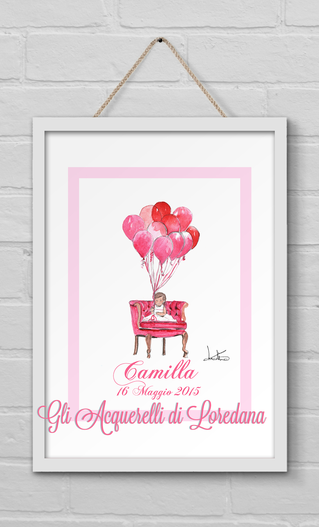 Stampa quadro ad acquerello ° disegno bimba con palloncini ° personalizzabile