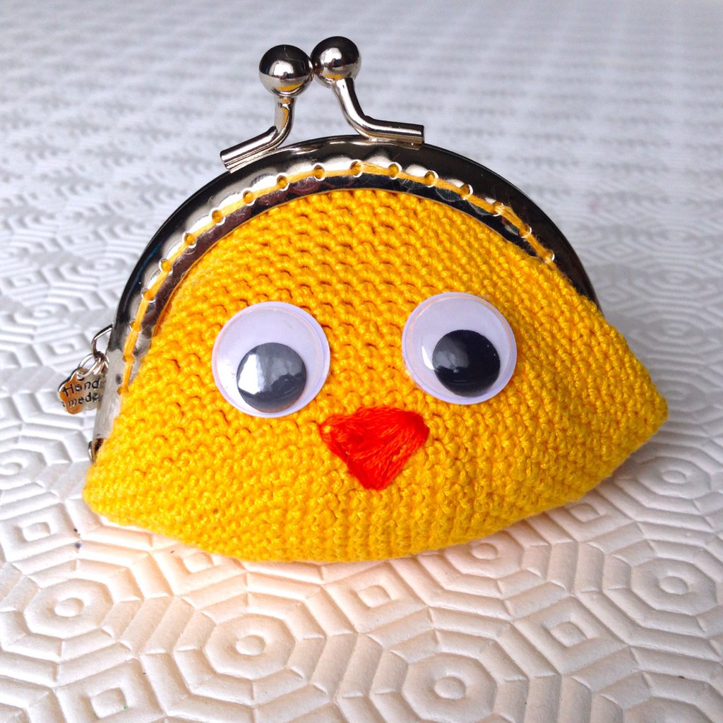 Borsellino portamonete pulcino giallo con occhioni dolci, fatto a