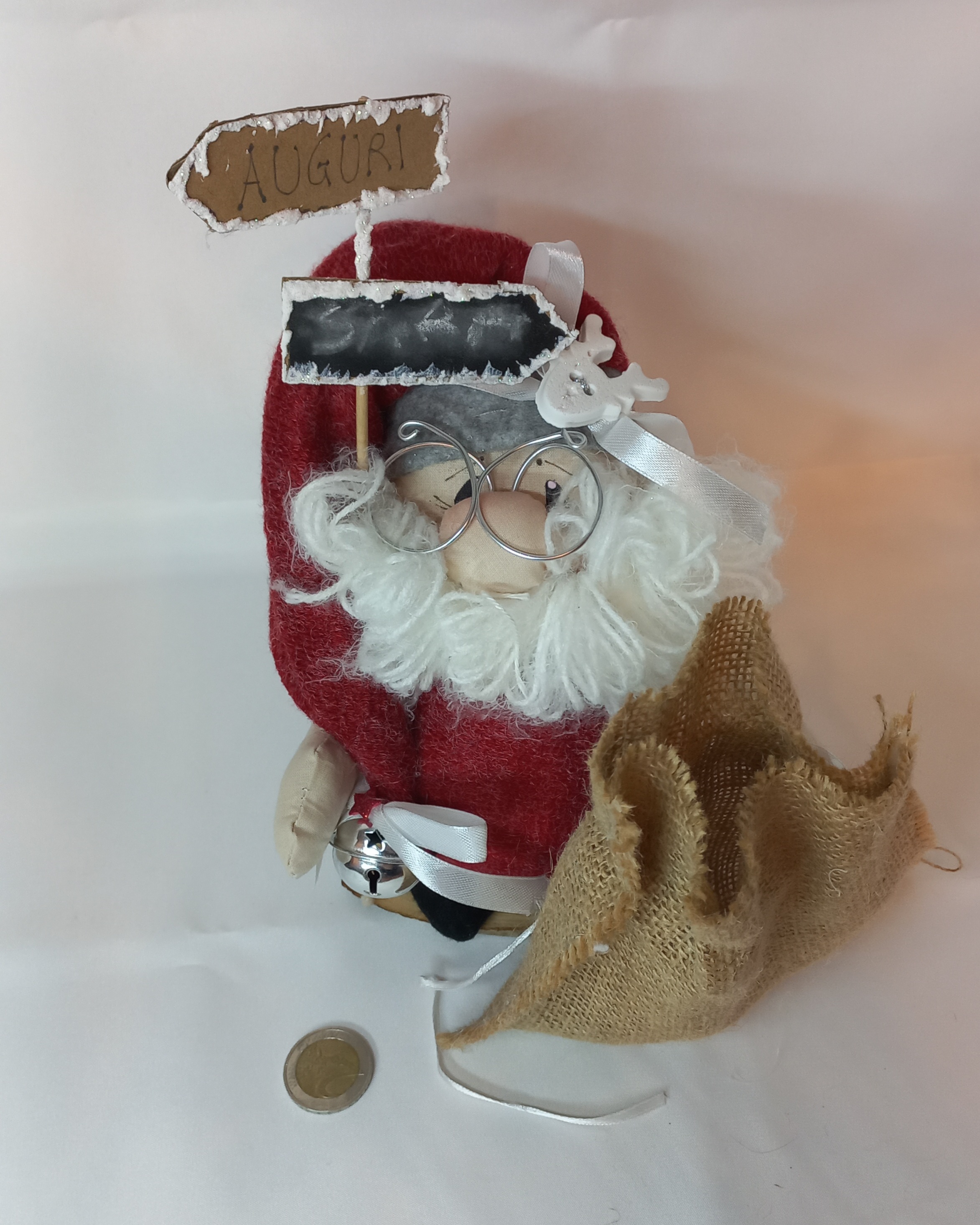 Babbo Natale artigianale in piedi altezza 15 centimetri con sacco porta doni apribile personalizzabile e profumabile idea regalo unico