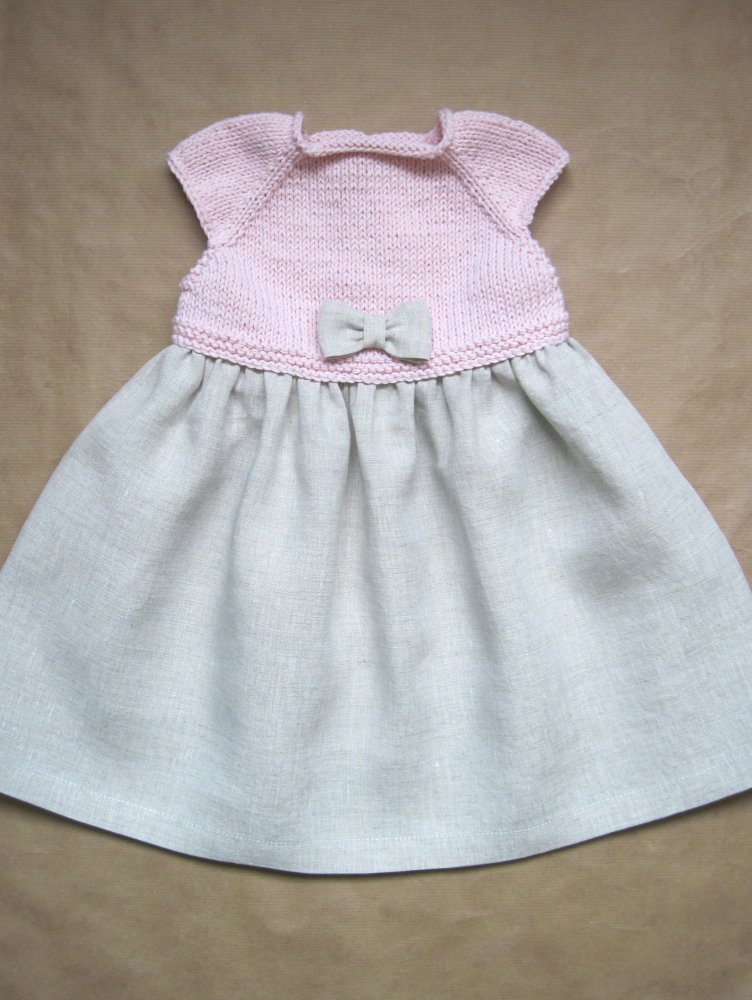 Abito bambina cotone biologico rosa e puro lino con fiocco - fatto a mano - Aurora