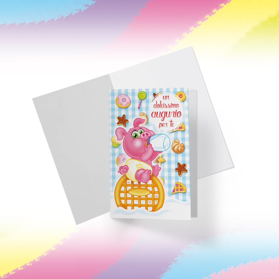 Biglietto Illustrato da stampare, download digitale, Dolcissimo Augurio, Maialino Candy Puppy