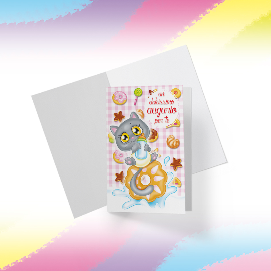 Biglietto Illustrato da stampare, download digitale, Dolcissimo Augurio, Micina Candy Puppy