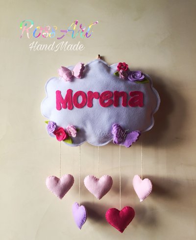 Fiocco nascita coccarda Nuvola con fiori farfalle o angioletta e cuori pendenti 