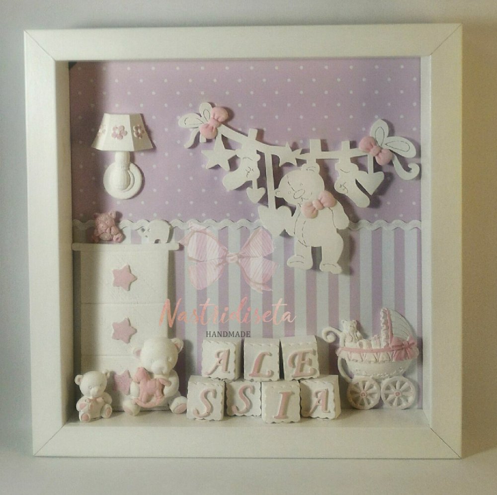 Quadretto nascita realizzato a mano con dettagli in polvere di ceramica. Una originale idea regalo per nascita,baby shower,cameretta.