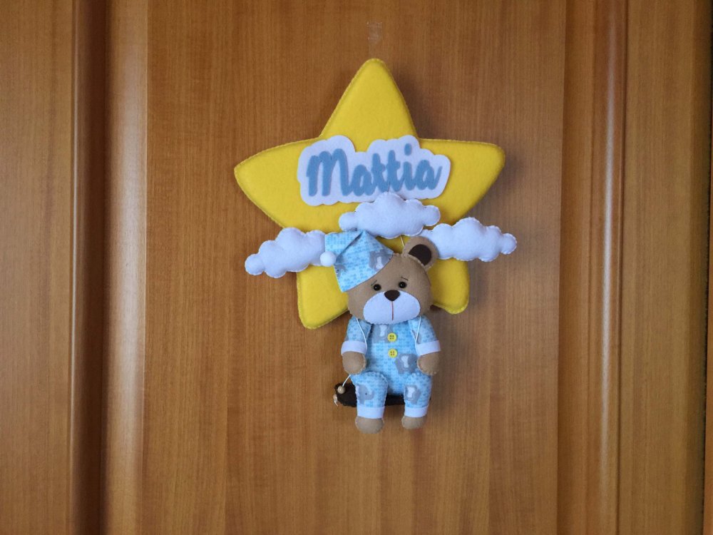 Fiocco nascita Bambino con orsetto sull'altalena appeso a una stella