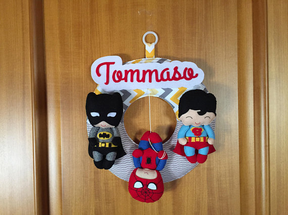 Fiocco nascita personalizzato supereroi, ghirlanda nome bambino, decorazione cameretta, cameretta bambino, regalo bambino, regalo nascita