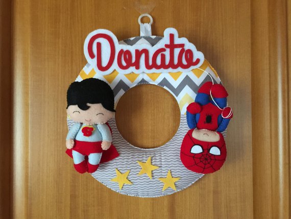 Fiocco nascita personalizzato supereroi, ghirlanda nome bambino, decorazione cameretta, cameretta bambino, regalo bambino, regalo nascita