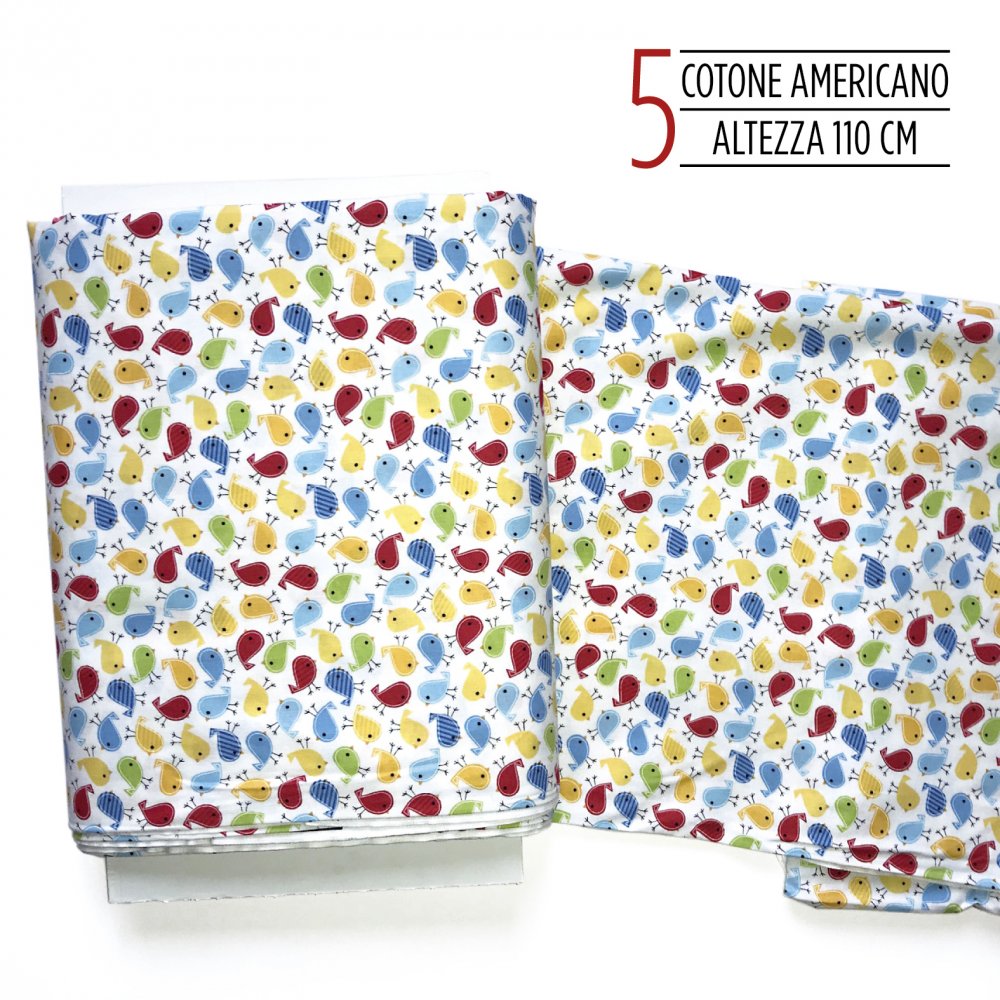 Tessuto americano in cotone con uccellini multicolore