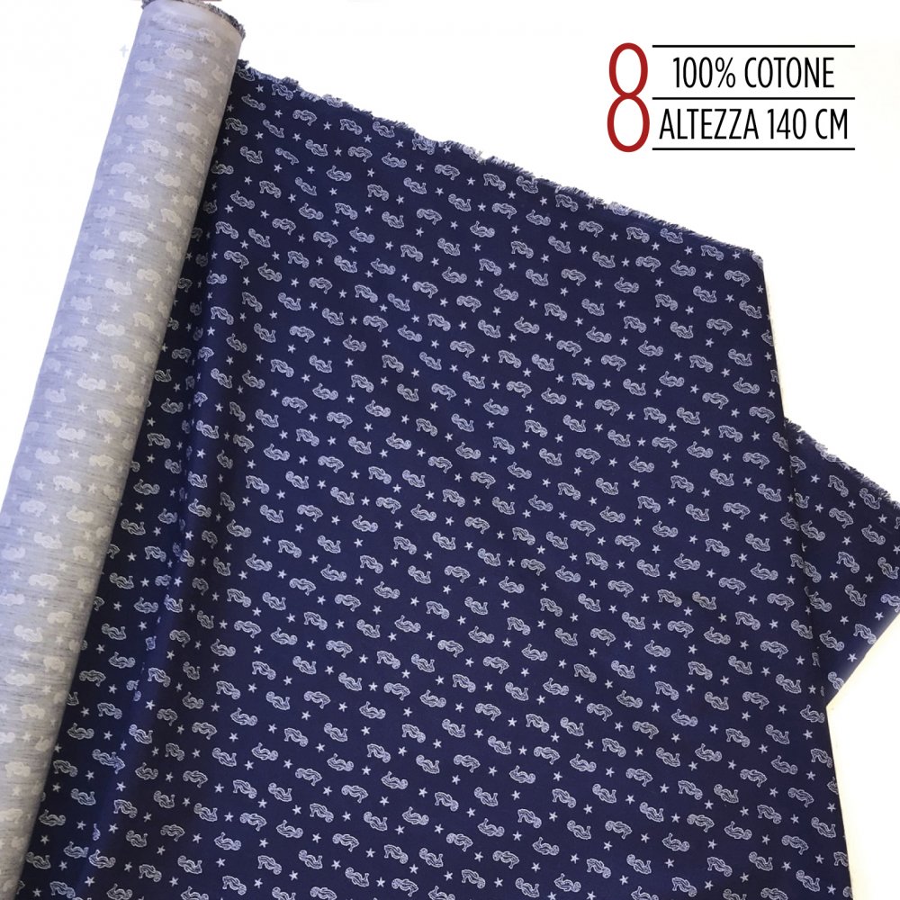 tessuto 100% coto blu con cavallucci marini