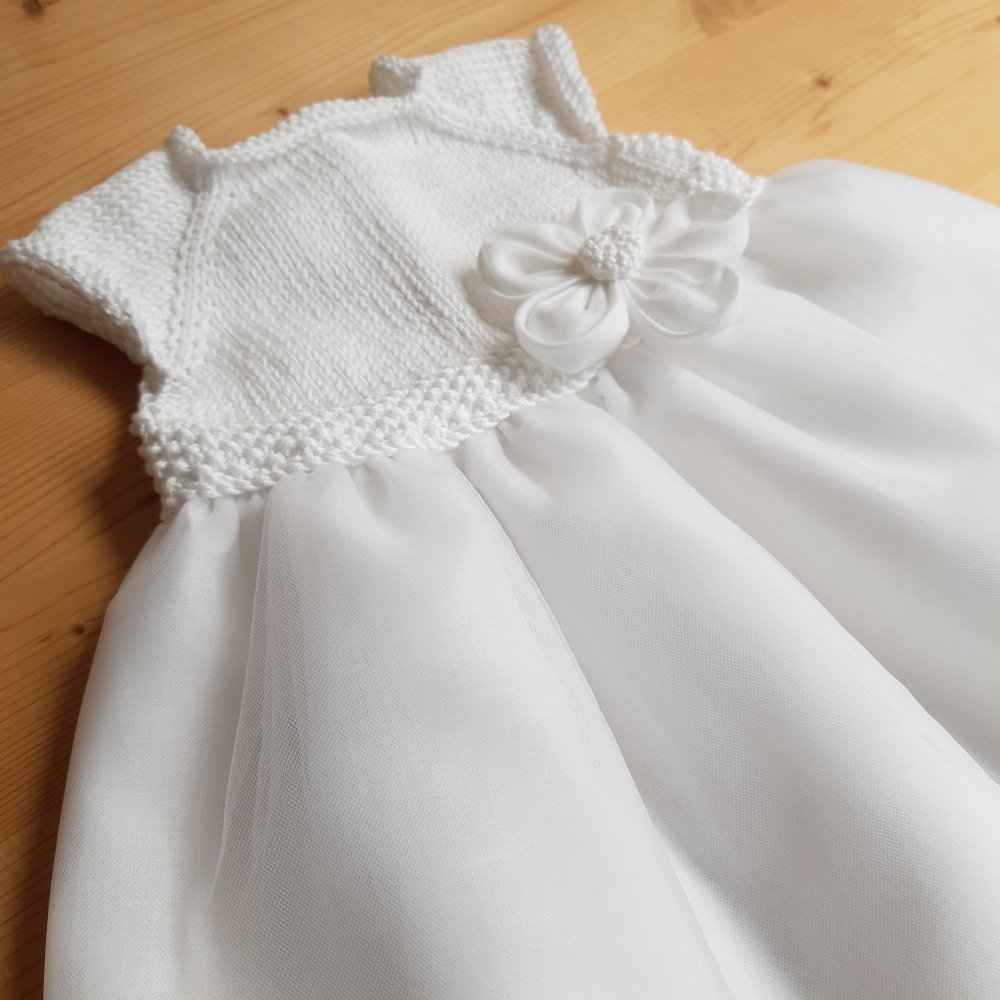 Abito bambina cotone e lino bianco con tulle - fatto a mano - Battesimo - Greta