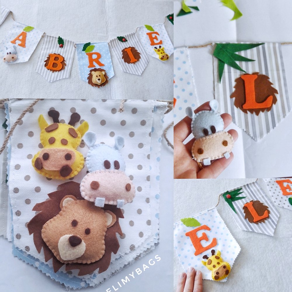 Banner di stoffa tema savana e animali giungla con nome e bandierine da appendere nella cameretta dei bambini