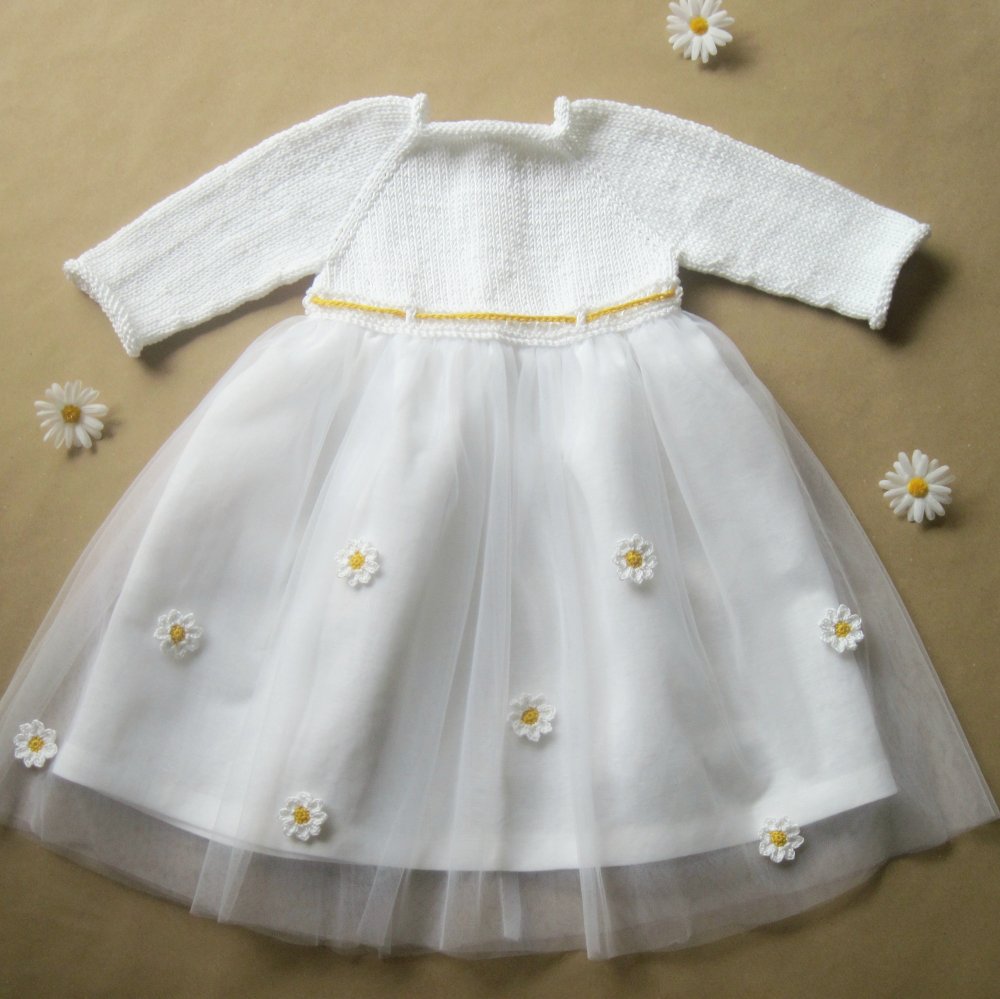 Abito bambina/vestito Battesimo bianco - cotone/lino/tulle decorato a margherite uncinetto - Primavera