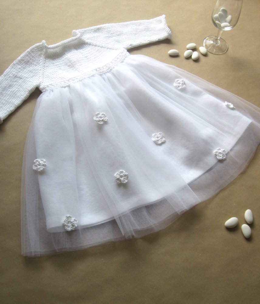 Abito bambina cotone/lino/tulle bianco e fiori bianchi  - fatto a mano - Battesimo - Gaia