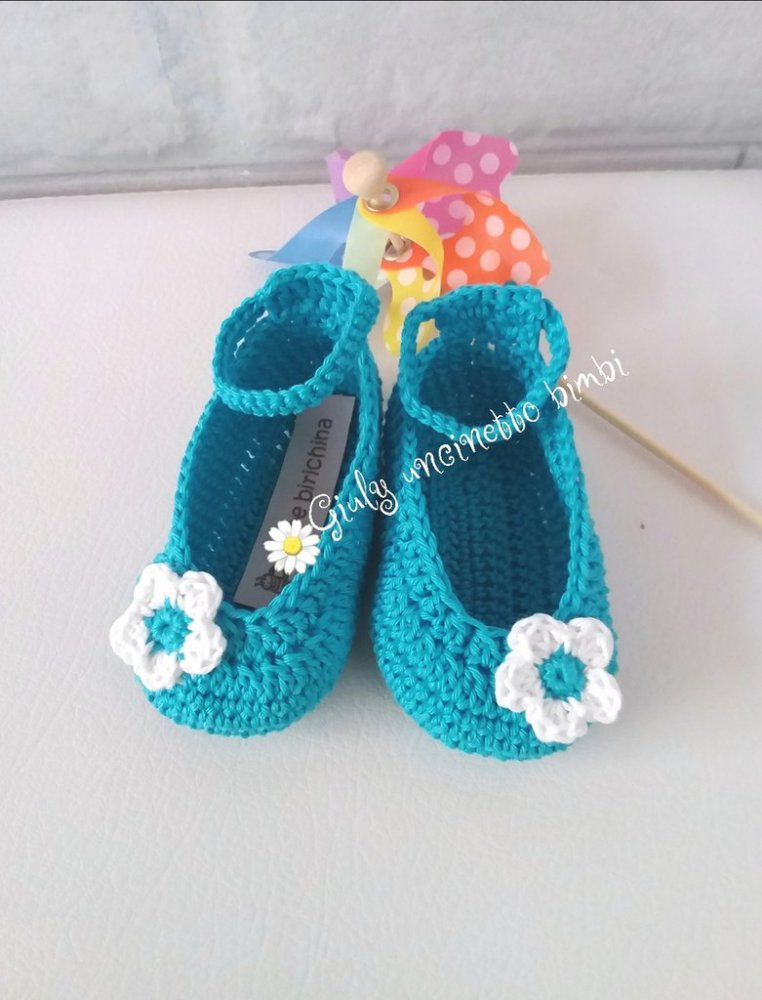 Scarpine a ballerina per neonata, turchese con fiore bianco - estate mare nascita battesimo portafortuna