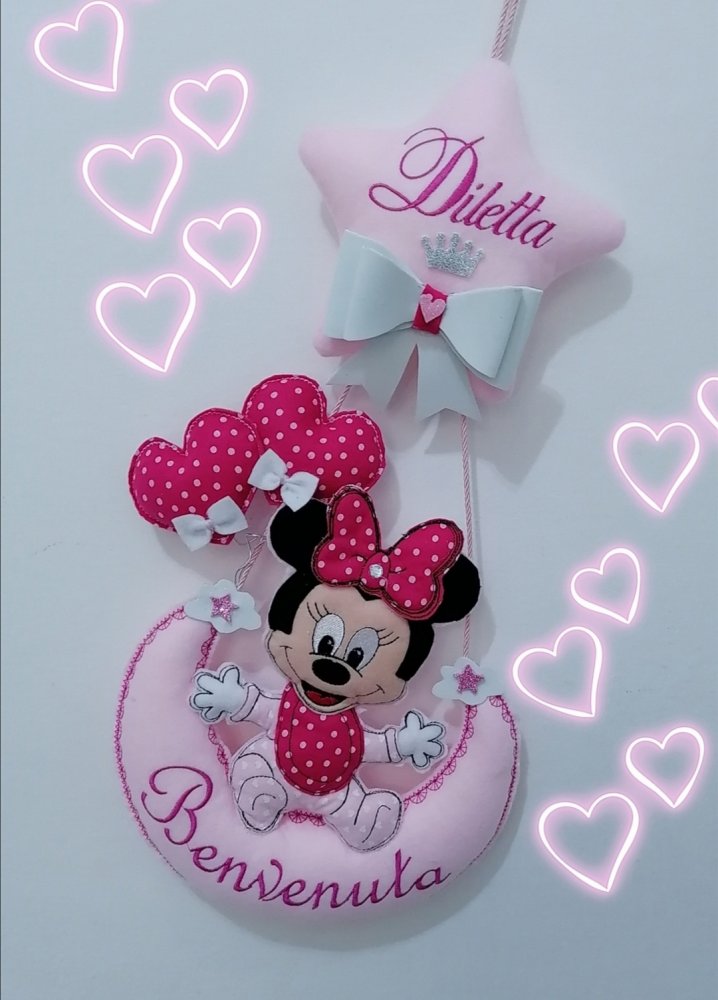 Fiocco nascita  Stella e luna con personaggio di Minnie.