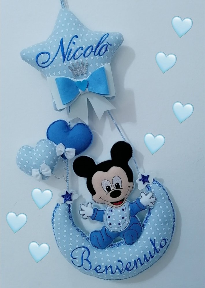 Fiocco nascita luna con topolino e nome bimbo  ricamato  sulla stella
