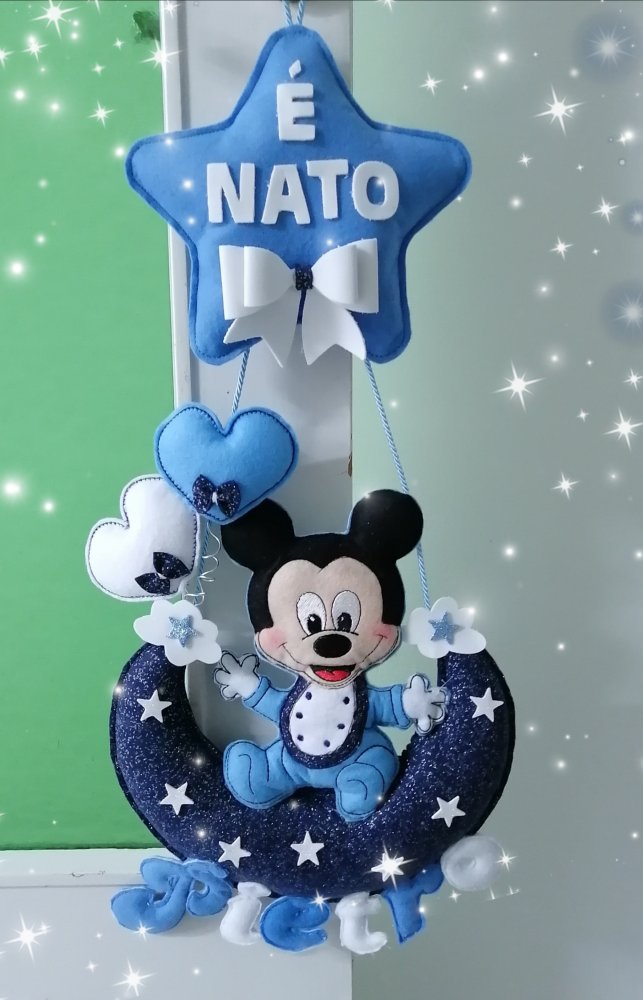 Fiocco nascita  Topolino  con Luna blu e stella, nome imbottito.