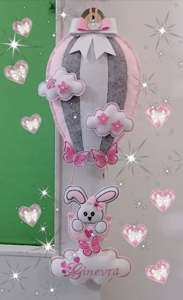 Mongolfiera fiocco nascita rosa e grigio.