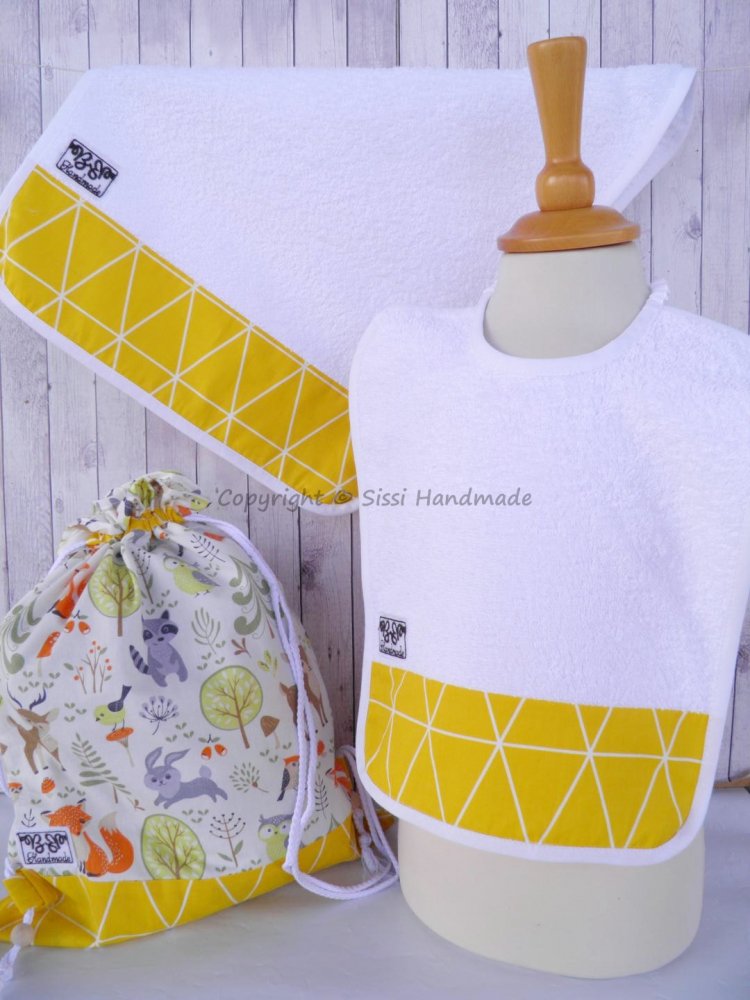 SET ASILO SCUOLA bambino, 3 pezzi: bavaglio, sacca e asciugamano (s. Lively - bosco giallo)