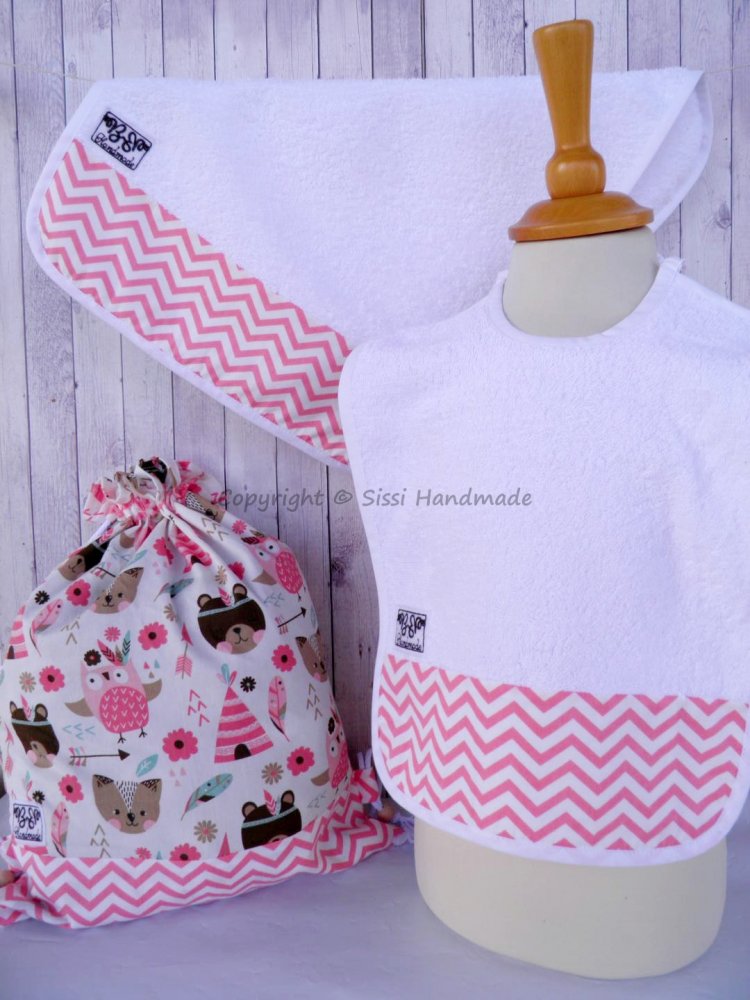 SET ASILO SCUOLA bambina, 3 pezzi: bavaglio, sacca e asciugamano  (s. Lively - indiani rosa)