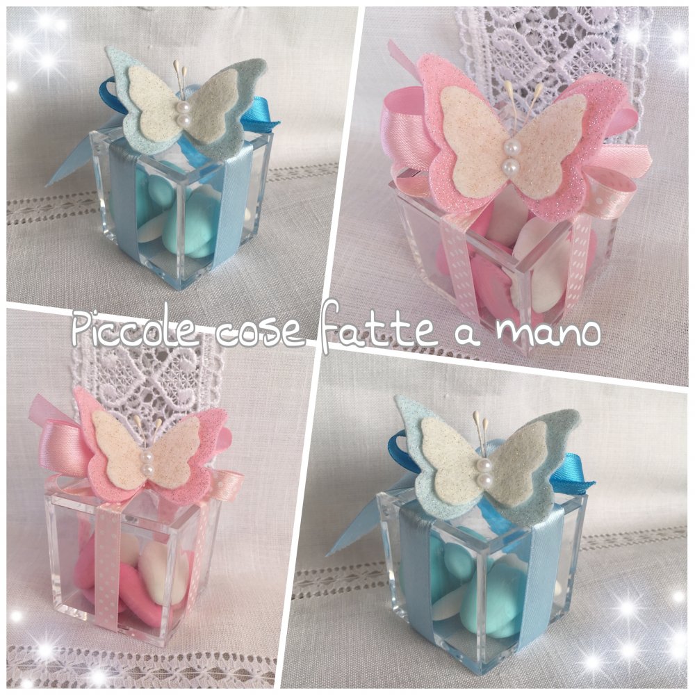 Scatolina portaconfetti in plexiglass con farfalla in feltro per Battesimo o nascita 