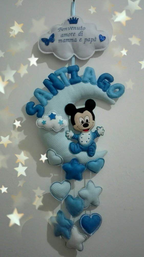 Fiocco nascita  personalizzato azzurro topolino  luna e stelle