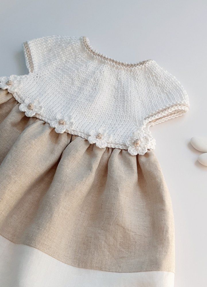 Abito in cotone e lino per bambina/neonata - Battesimo - bianco e ecru - Sofia 