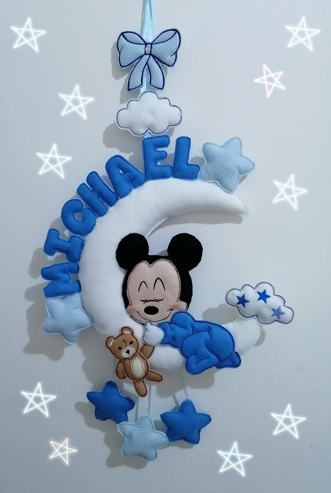 Fiocco nascita luna con topolino stelle e nome imbottito