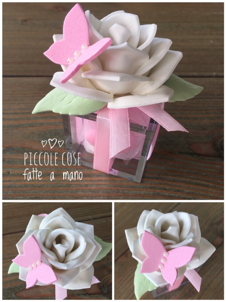 Scatolina porta confetti plexiglass con rosa e farfalla 