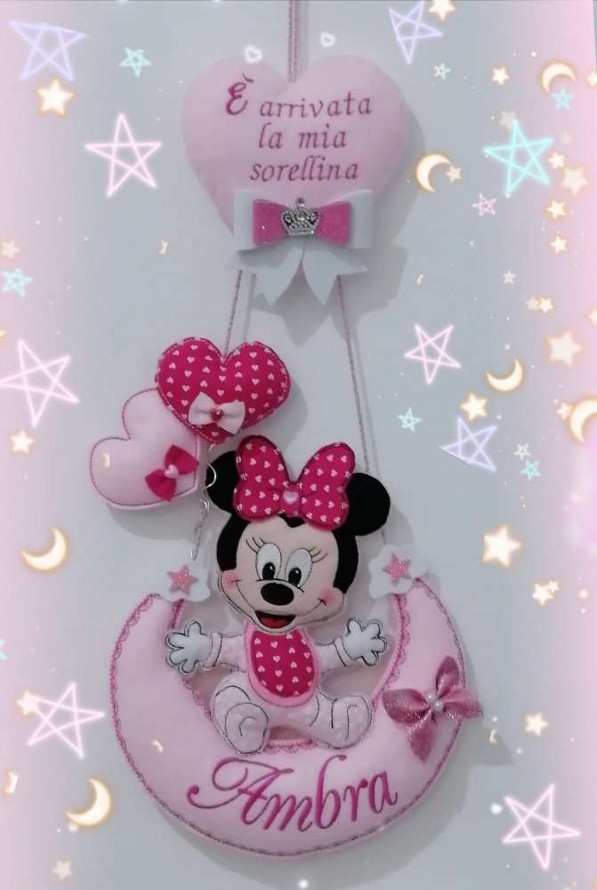 Fiocco nascita Minnie con frase nel cuore.