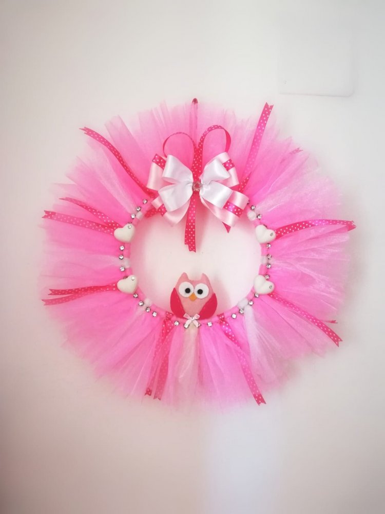 Fiocco Nascita bimba femminuccia rosa fucsia gufetto cuore tulle artigianale
