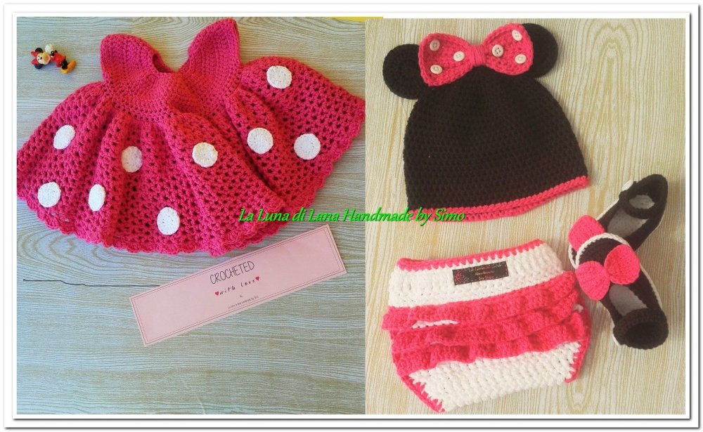 Abitino Minnie a uncinetto per neonata, con cappello, scarpine e copri pannolino    Completino stile Minnie per bimba   
