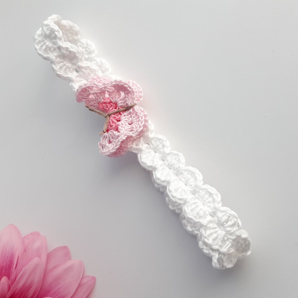 Fascetta Battesimo neonata/bambina bianca con farfalla rosa - coroncina Battesimo