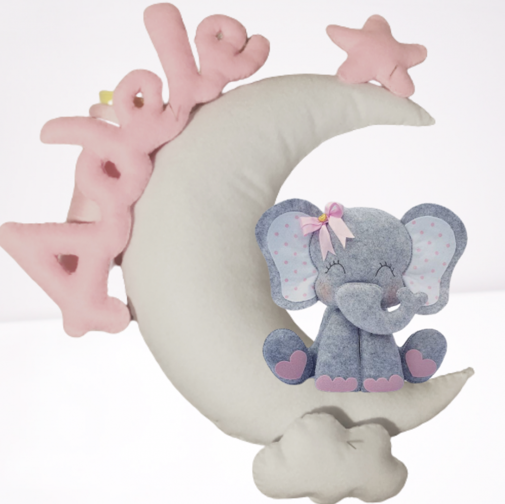 Fiocco nascita luna con nome e elefantino in pannolenci