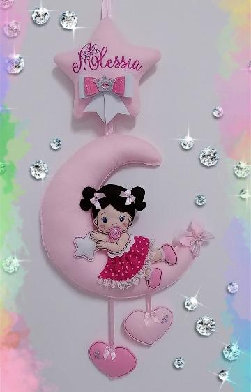 Fiocco nascita bimba con luna, stella e cuori. 