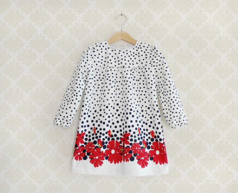Abitino Bimba Retro Style - Bianco e Blu a Pois con fiorelloni rossi