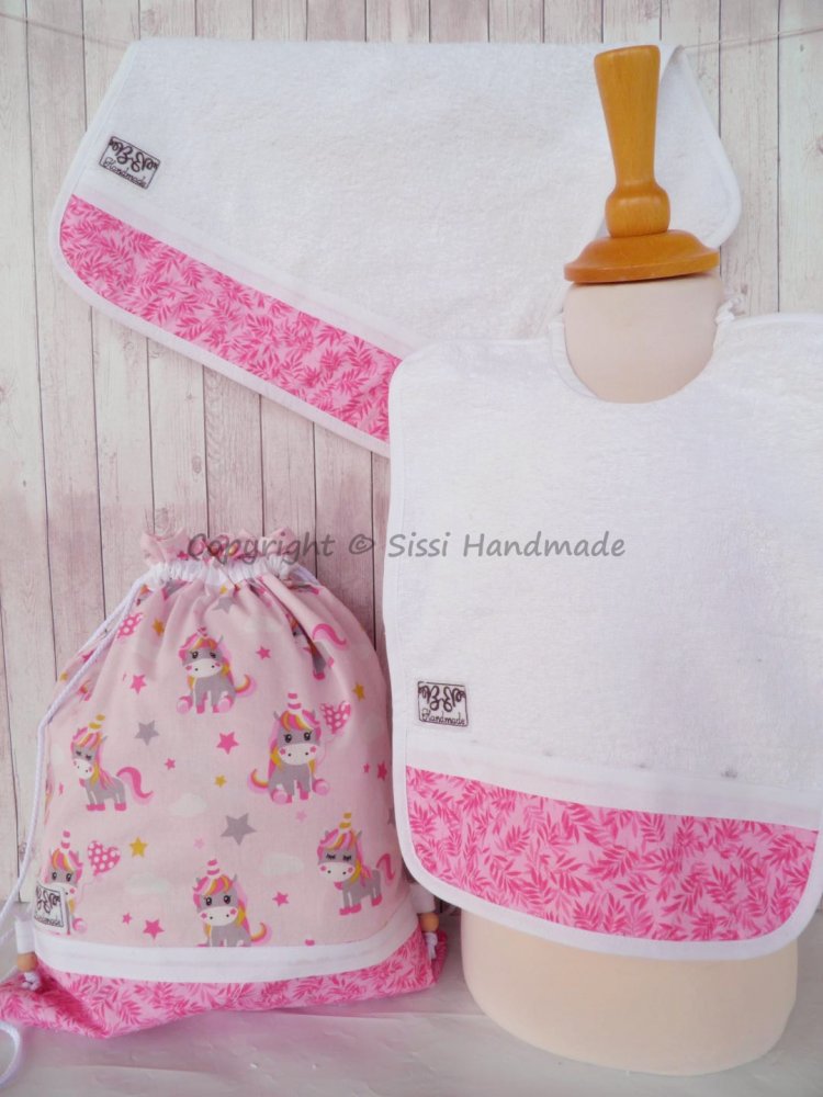 SET ASILO SCUOLA bambino, 3 pezzi: bavaglio, sacca e asciugamano (UNICORNI ROSA)