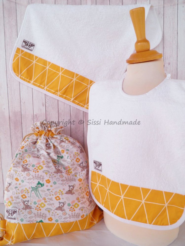 SET ASILO SCUOLA bambino, 3 pezzi: bavaglio, sacca e asciugamano (cerbiatti)