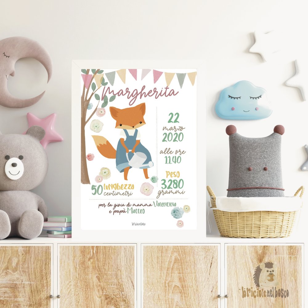 Quadretto nascita personalizzato VOLPE TRA I FIORI, poster illustrazione digitale Volpe, quadretto personalizzato, illustrazione personalizzata, illustrazione PDF stampabile , SPEDIZIONE GRATUITA