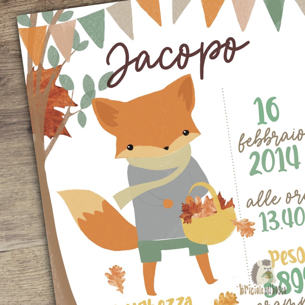 Quadretto nascita personalizzato VOLPE TRA LE FOGLIE AUTUNNO, poster illustrazione digitale Volpe, quadretto personalizzato, illustrazione personalizzata, illustrazione PDF stampabile , SPEDIZIONE GRATUITA