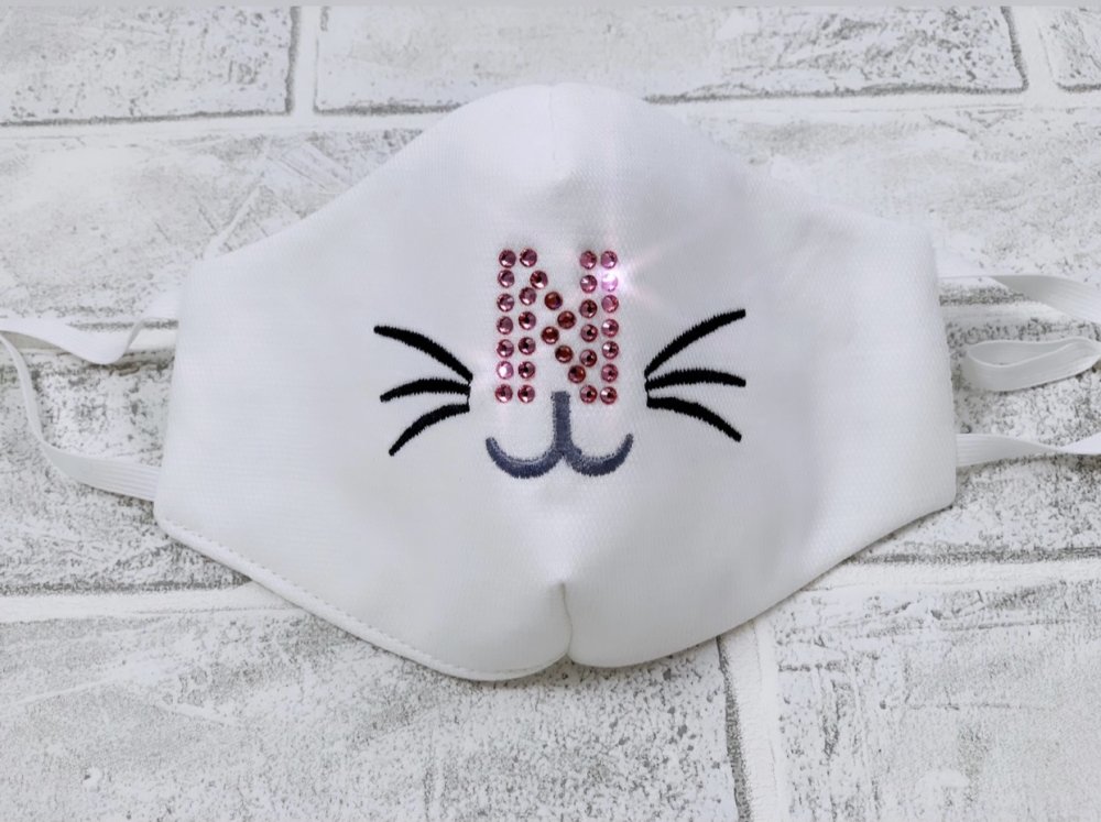 Mascherina cotone viso bimba personalizzata con iniziale in strass-Elastici regolabili- Lavabile