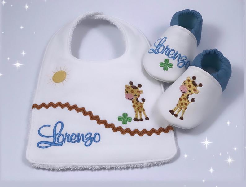 Coordinato bavaglia e scarpine Giraffa  personalizzato con nome - Bimbo Neonato